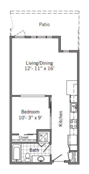 Floor plan for studio, 1 bath, 662 sqft